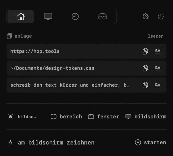 ablage: eines von neunzehn hop-werkzeugen, alle offline hop-panel in der macOS-menüleiste: ablage