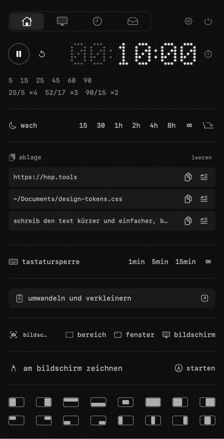 neunzehn werkzeuge in einem menüleisten-panel, ohne konto und ohne netz das geöffnete hop-panel in der macOS-menüleiste