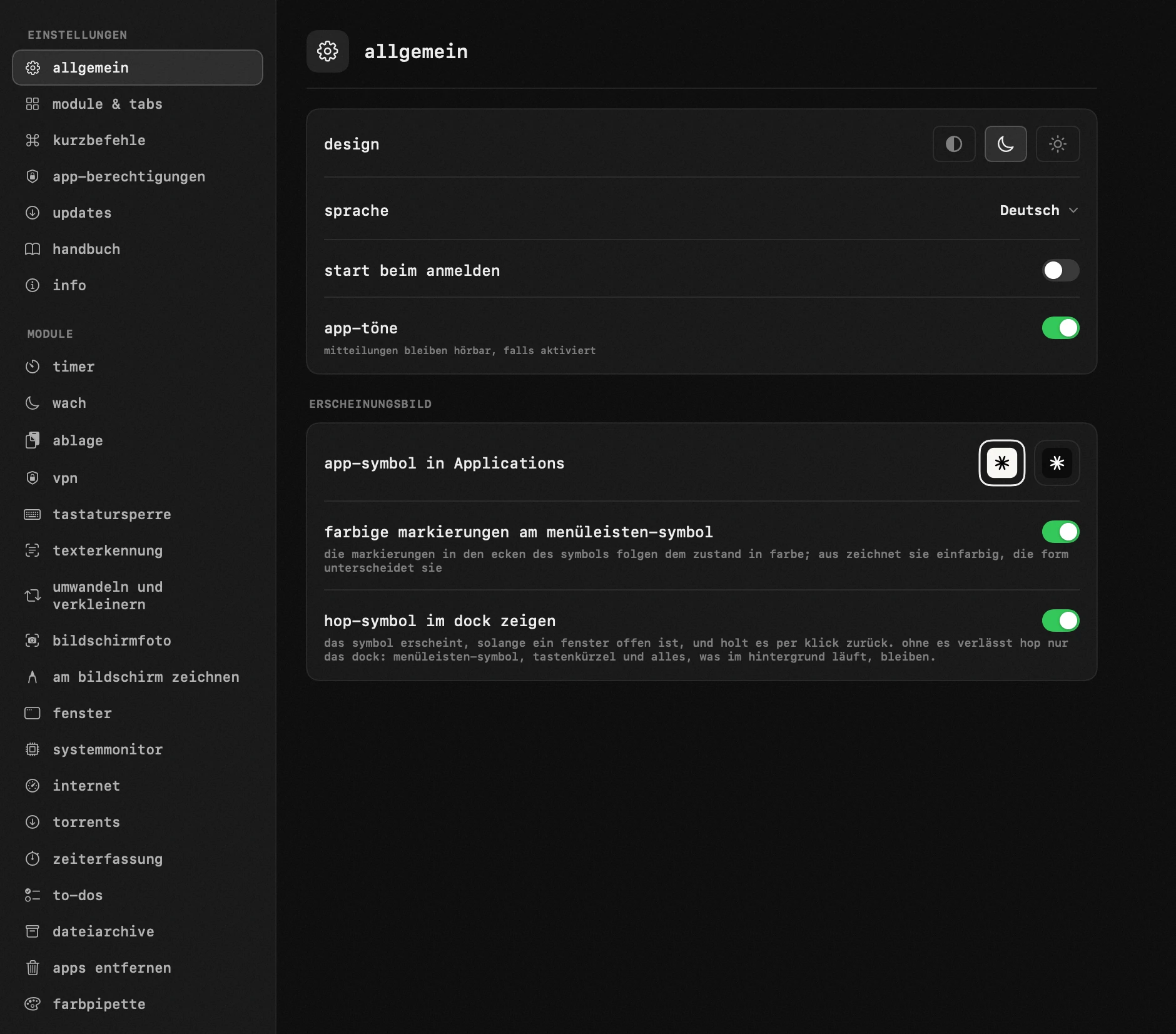du entscheidest, was läuft: eines von neunzehn hop-werkzeugen, alle offline hop-panel in der macOS-menüleiste: du entscheidest, was läuft