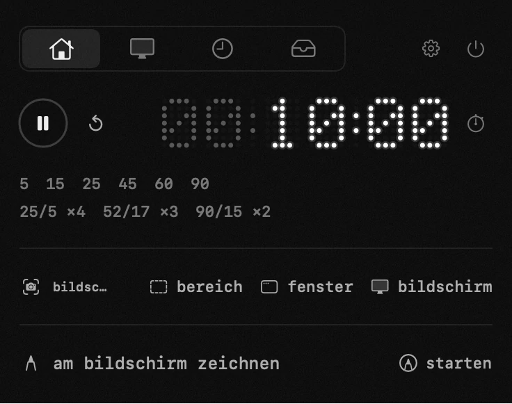 timer: eines von neunzehn hop-werkzeugen, alle offline hop-panel in der macOS-menüleiste: timer