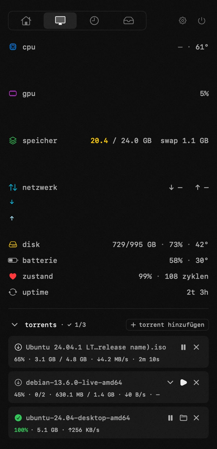 torrents: eines von neunzehn hop-werkzeugen, alle offline hop-panel in der macOS-menüleiste: torrents