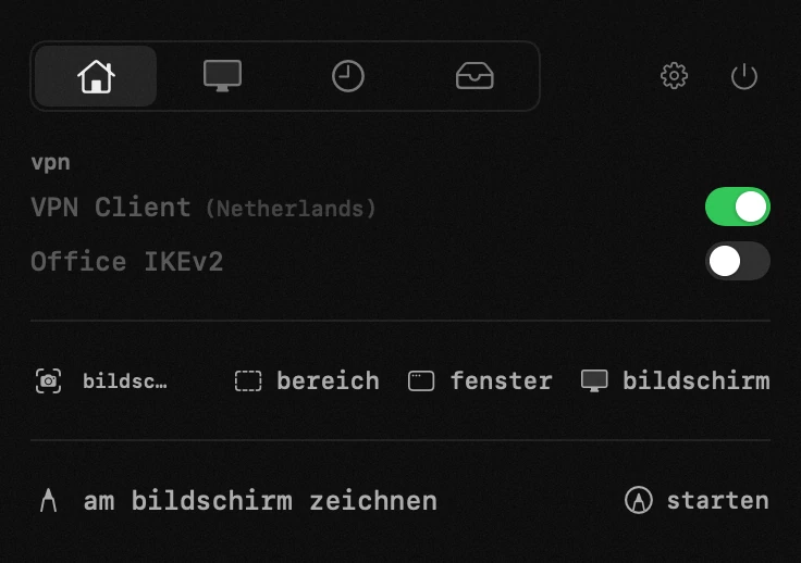 vpn: eines von neunzehn hop-werkzeugen, alle offline hop-panel in der macOS-menüleiste: vpn