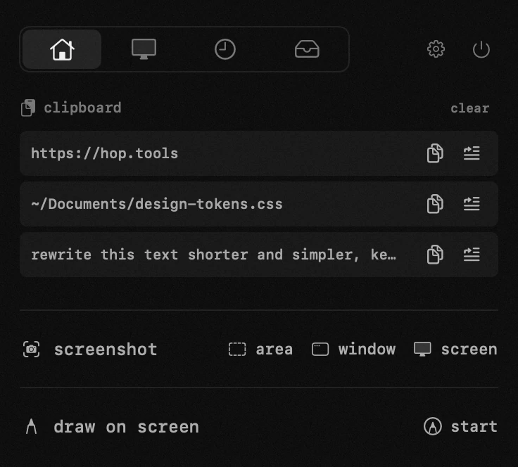 clipboard history: one of eighteen hop tools, all of them offline hop panel in the macOS menu bar: clipboard history