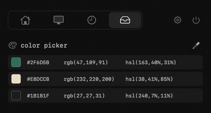 color picker: one of nineteen hop tools, all of them offline hop panel in the macOS menu bar: color picker