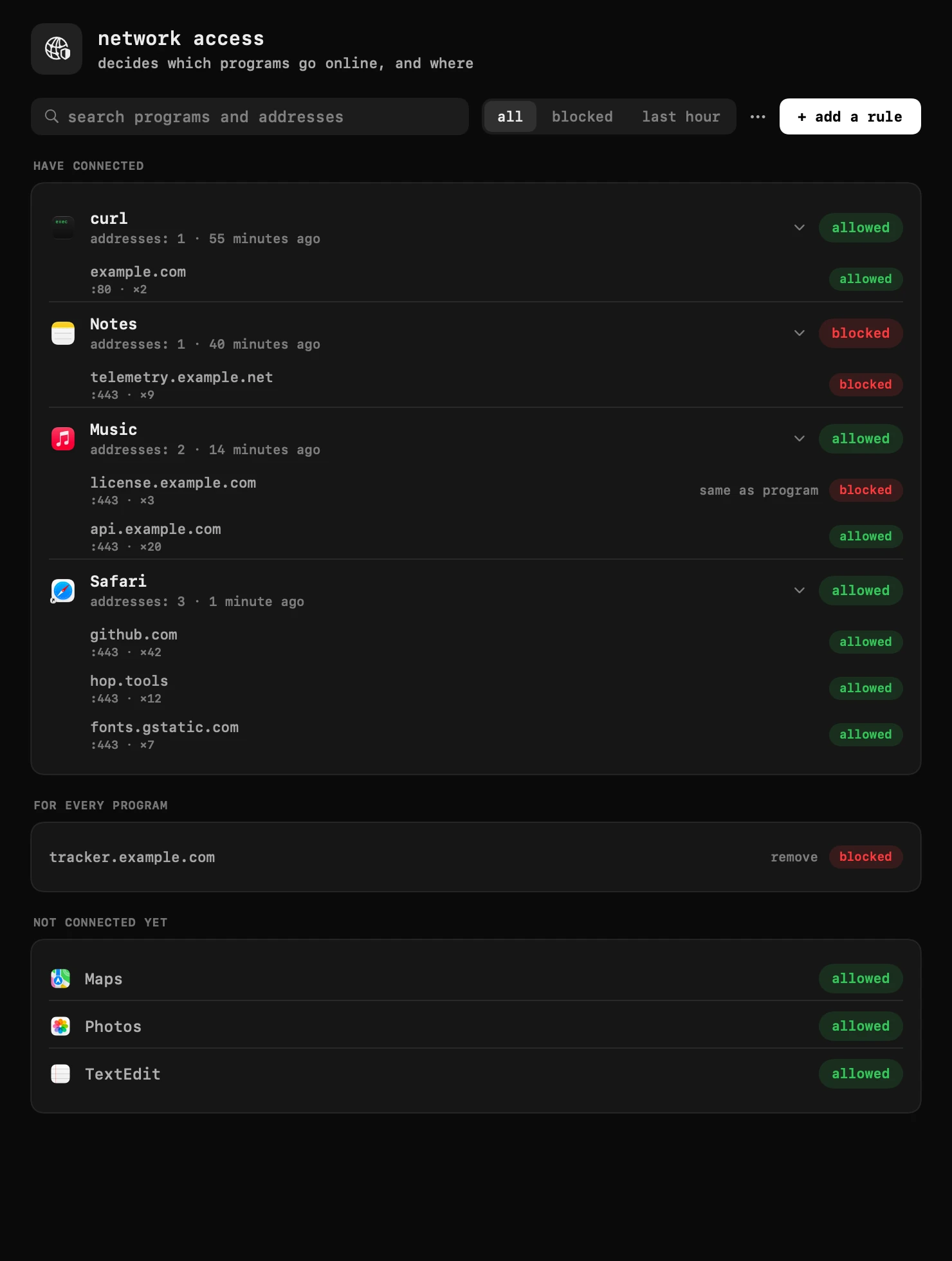 hop panel in the macOS menu bar: traffic blocking