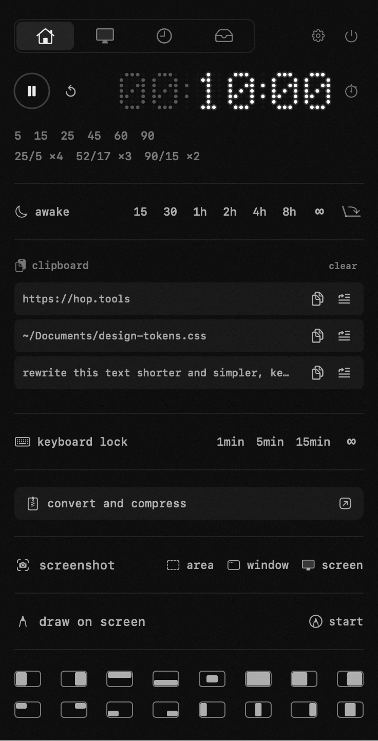 nineteen tools in one menu-bar panel, no account and no network the hop panel open in the macOS menu bar