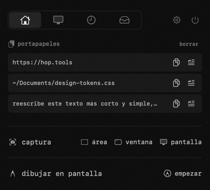 portapapeles: una de las diecinueve herramientas de hop, todas sin conexión panel de hop en la barra de menús de macOS: portapapeles
