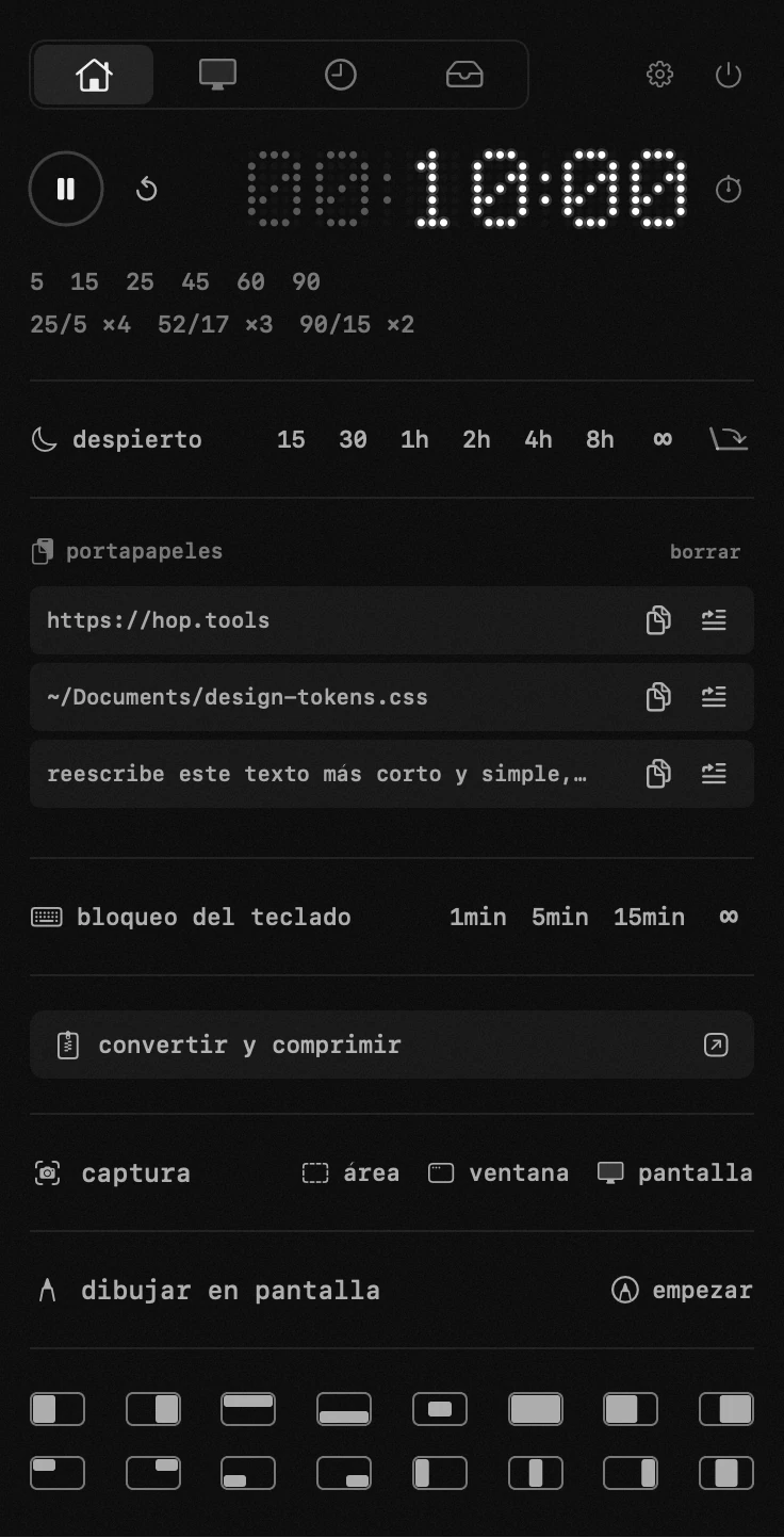 diecinueve herramientas en un panel de la barra de menús, sin cuenta y sin red el panel de hop abierto en la barra de menús de macOS
