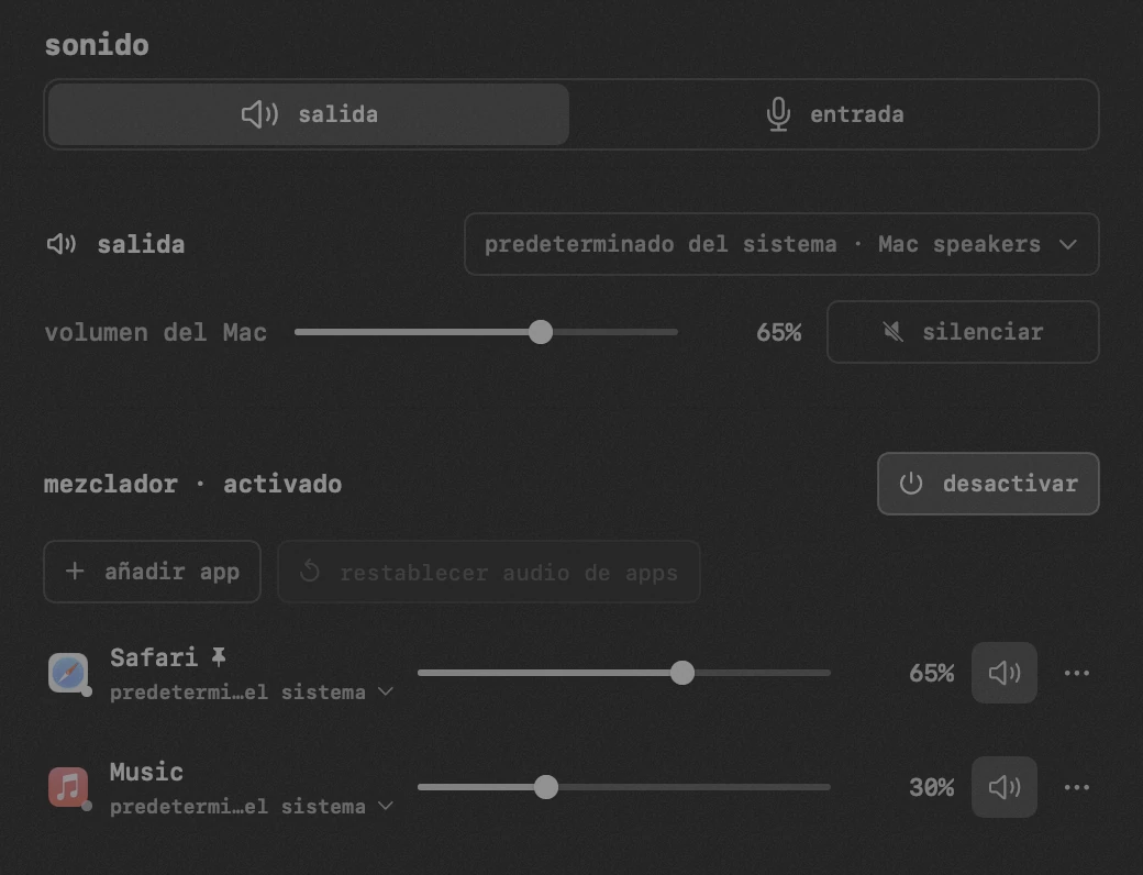 sonido: una de las veinte herramientas de hop, todas sin conexión panel de hop en la barra de menús de macOS: sonido
