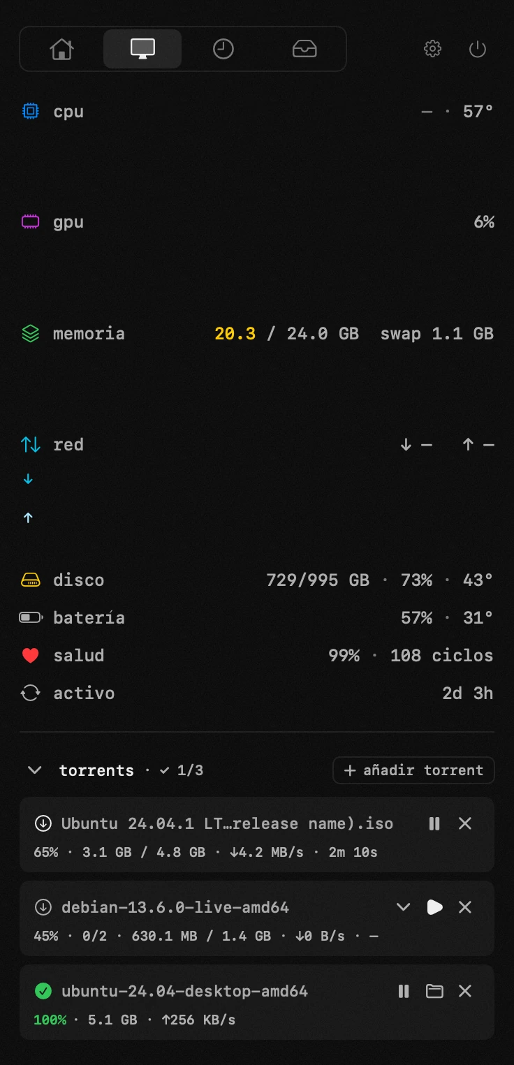 torrents: una de las diecinueve herramientas de hop, todas sin conexión panel de hop en la barra de menús de macOS: torrents