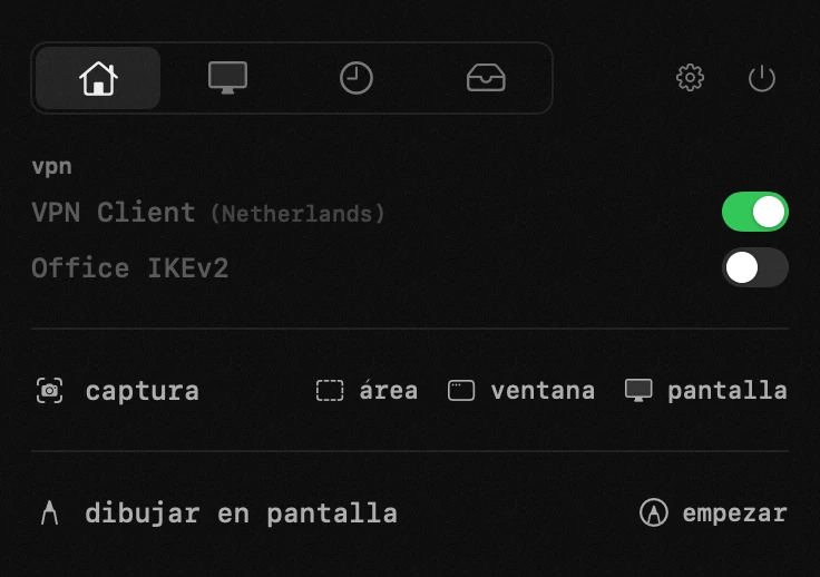 vpn: una de las diecinueve herramientas de hop, todas sin conexión panel de hop en la barra de menús de macOS: vpn