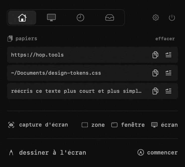 papiers : l'un des dix-neuf outils de hop, tous hors ligne panneau hop dans la barre de menus macOS : papiers