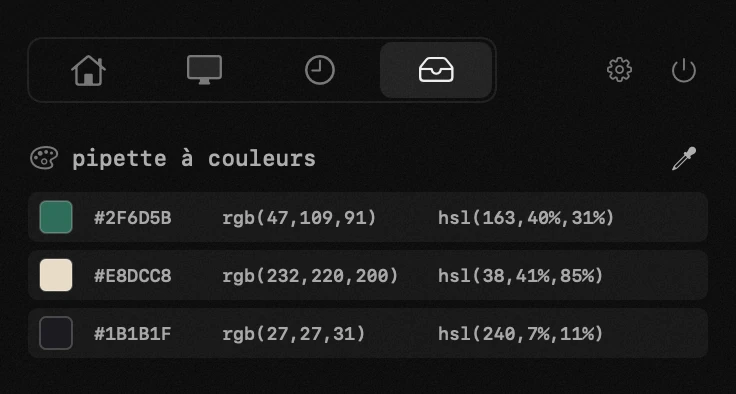 pipette à couleurs : l'un des dix-neuf outils de hop, tous hors ligne panneau hop dans la barre de menus macOS : pipette à couleurs