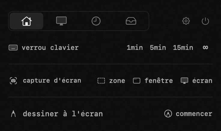 verrou clavier : l'un des dix-neuf outils de hop, tous hors ligne panneau hop dans la barre de menus macOS : verrou clavier