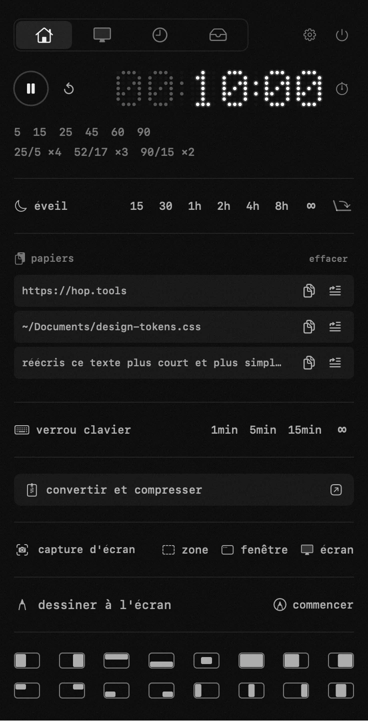dix-neuf outils dans un seul panneau de la barre de menus, sans compte ni réseau le panneau hop ouvert dans la barre de menus macOS