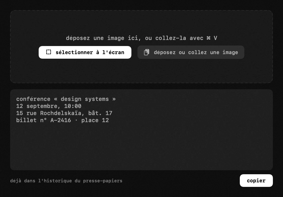 reconnaissance de texte : l'un des dix-neuf outils de hop, tous hors ligne panneau hop dans la barre de menus macOS : reconnaissance de texte