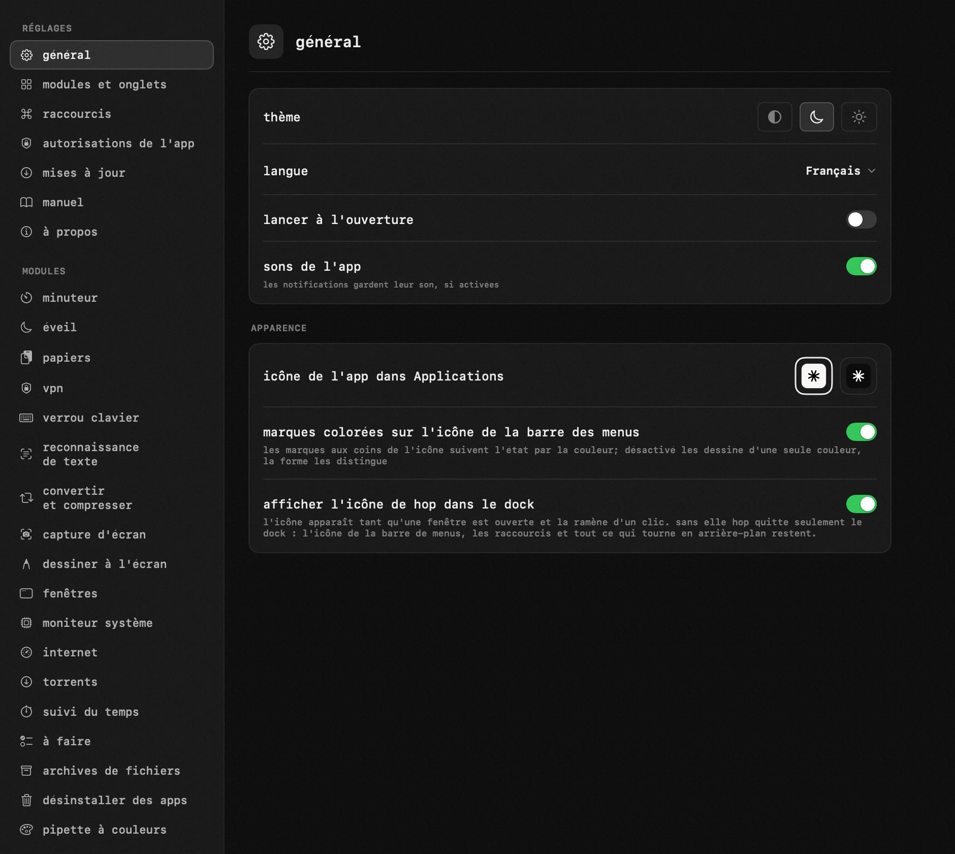 à régler selon vous : l'un des dix-neuf outils de hop, tous hors ligne panneau hop dans la barre de menus macOS : à régler selon vous