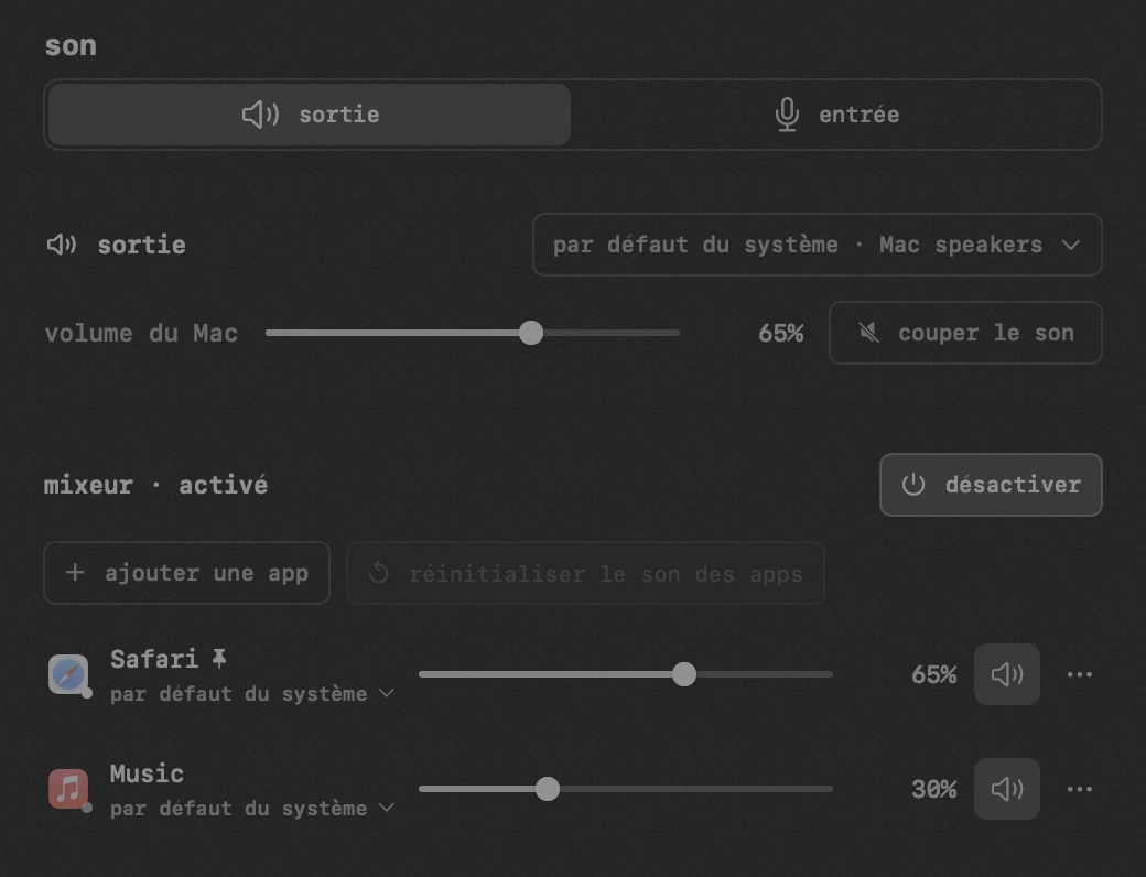 son : l'un des vingt outils de hop, tous hors ligne panneau hop dans la barre de menus macOS : son