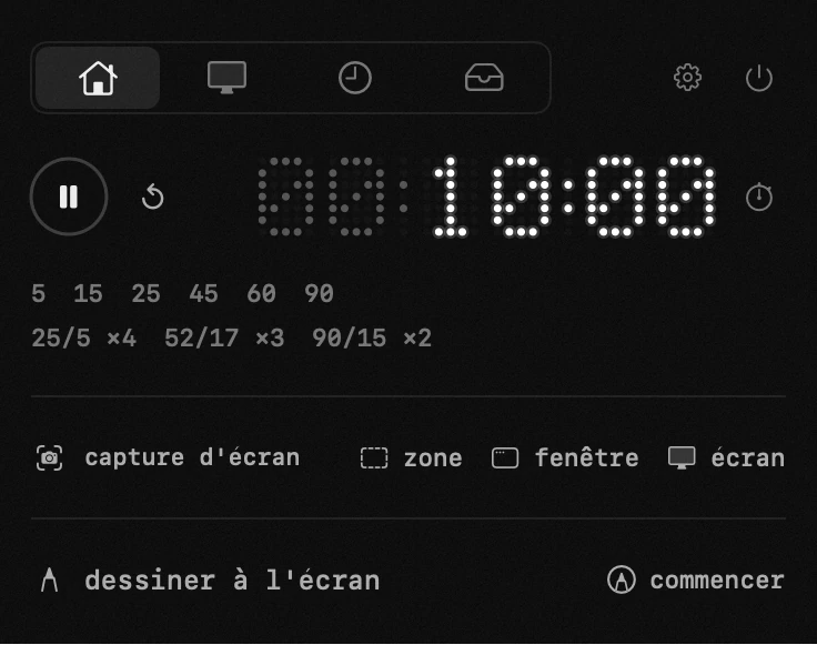 minuteur : l'un des dix-neuf outils de hop, tous hors ligne panneau hop dans la barre de menus macOS : minuteur
