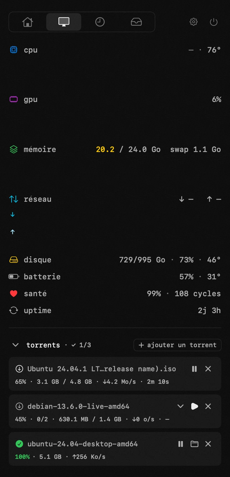 torrents : l'un des dix-neuf outils de hop, tous hors ligne panneau hop dans la barre de menus macOS : torrents
