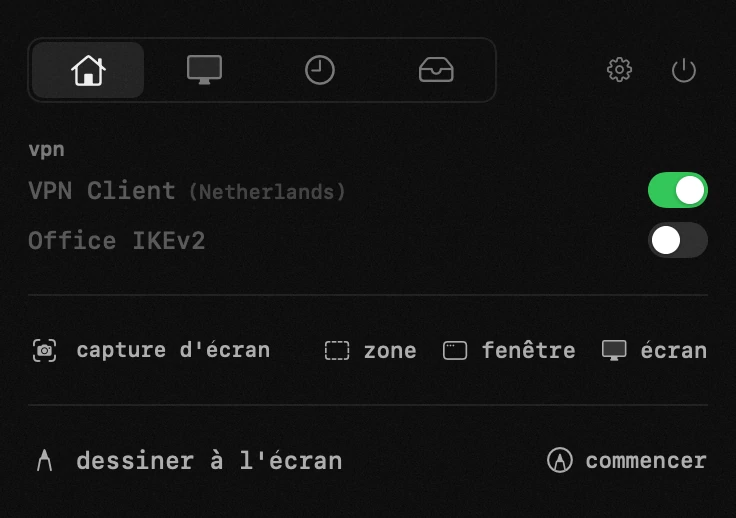 vpn : l'un des dix-neuf outils de hop, tous hors ligne panneau hop dans la barre de menus macOS : vpn
