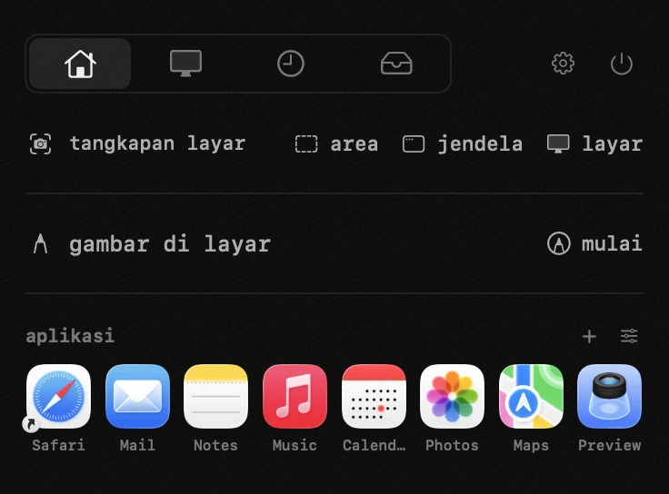 panel hop di bilah menu macOS: aplikasi