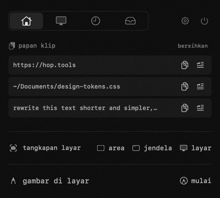 panel hop di bilah menu macOS: papan klip