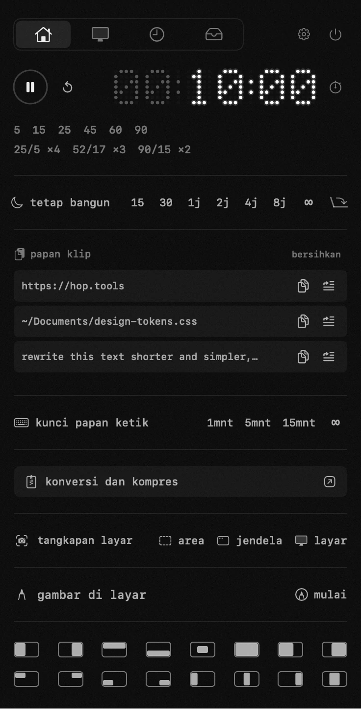 delapan belas alat dalam satu panel bilah menu, tanpa akun dan tanpa jaringan panel hop yang terbuka di bilah menu macOS