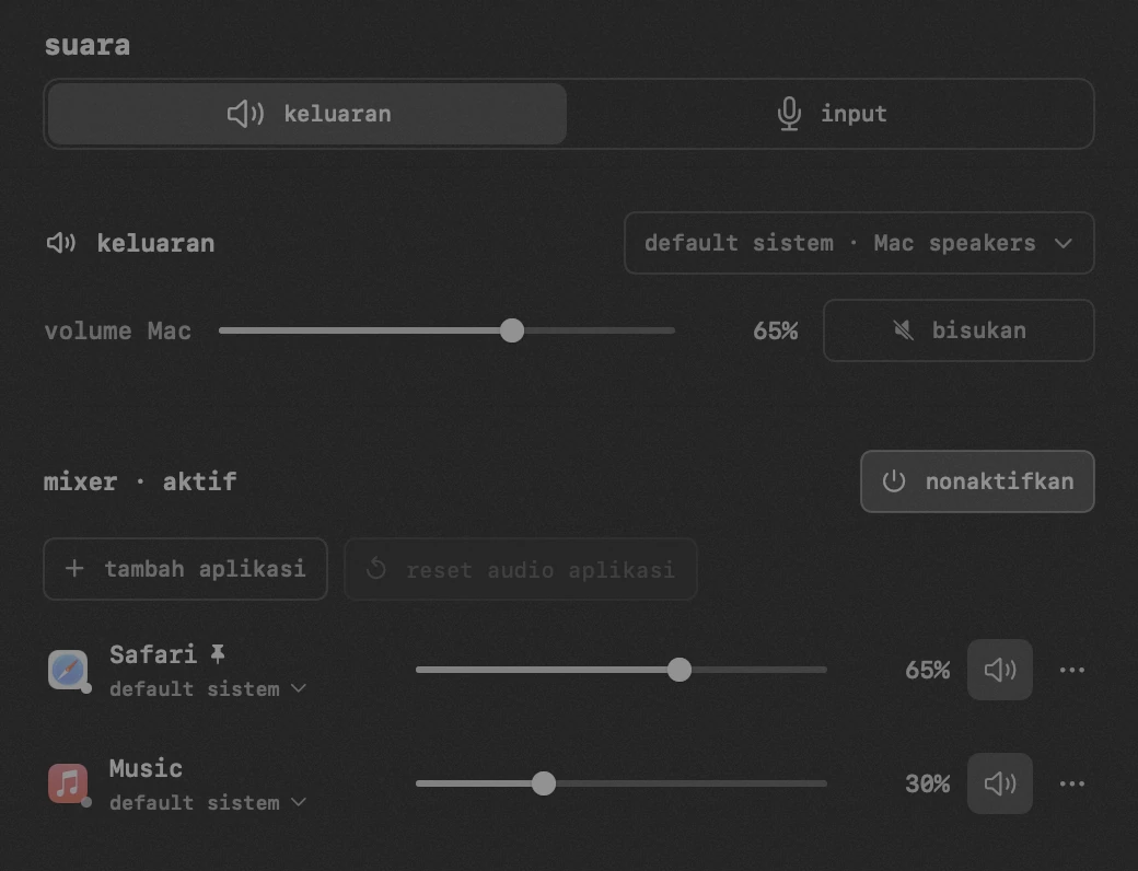 suara: salah satu dari dua puluh alat hop, semuanya offline panel hop di bilah menu macOS: suara