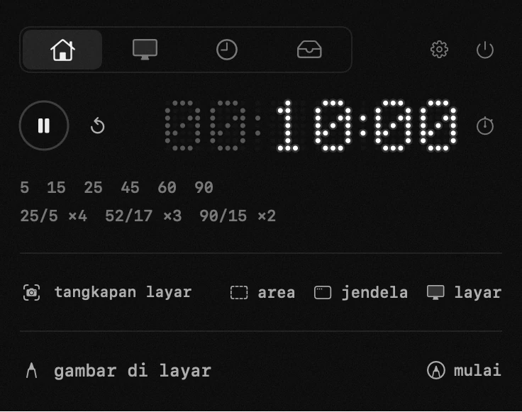 panel hop di bilah menu macOS: timer