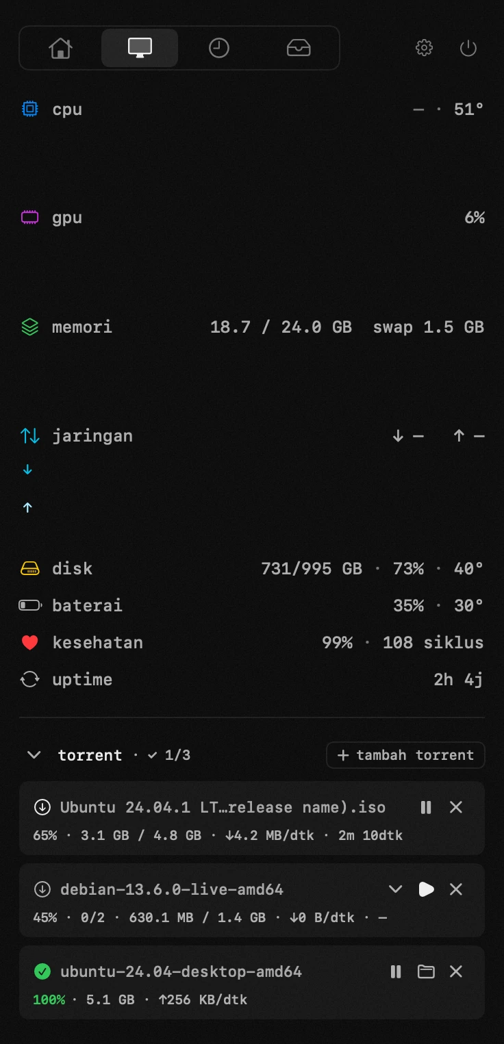 torrent: salah satu dari delapan belas alat hop, semuanya offline panel hop di bilah menu macOS: torrent