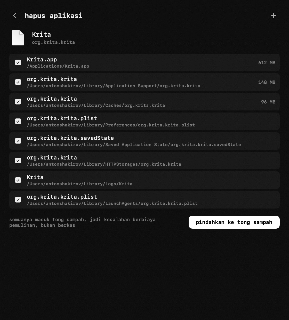 panel hop di bilah menu macOS: hapus aplikasi