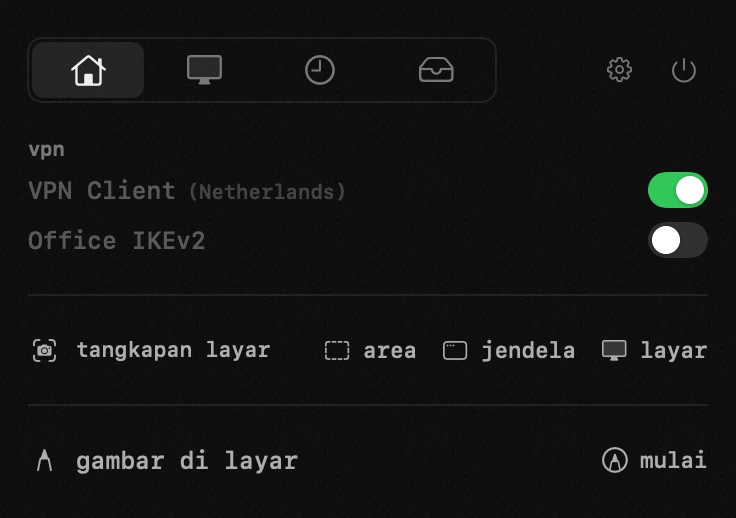 panel hop di bilah menu macOS: vpn