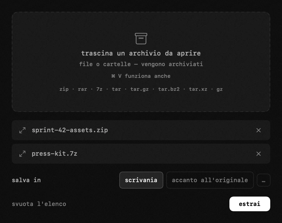 pannello di hop nella barra dei menu di macOS: archivi di file