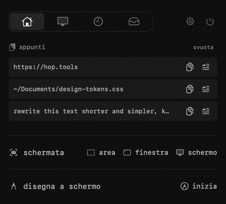 appunti: uno dei diciotto strumenti di hop, tutti offline pannello di hop nella barra dei menu di macOS: appunti