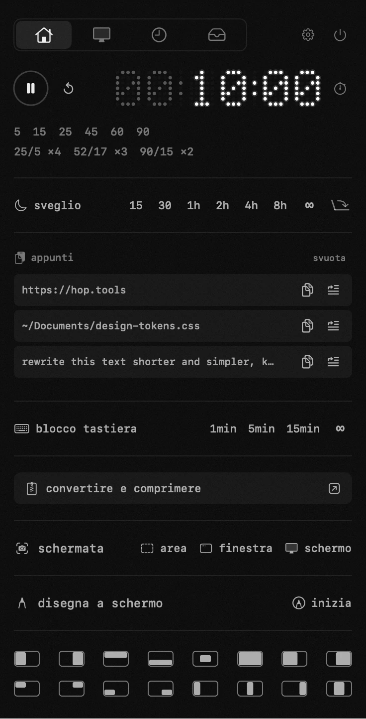 diciotto strumenti in un pannello della barra dei menu, senza account e senza rete il pannello di hop aperto nella barra dei menu di macOS
