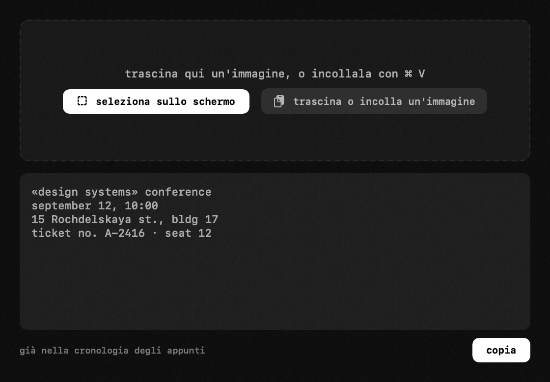 pannello di hop nella barra dei menu di macOS: riconoscimento del testo