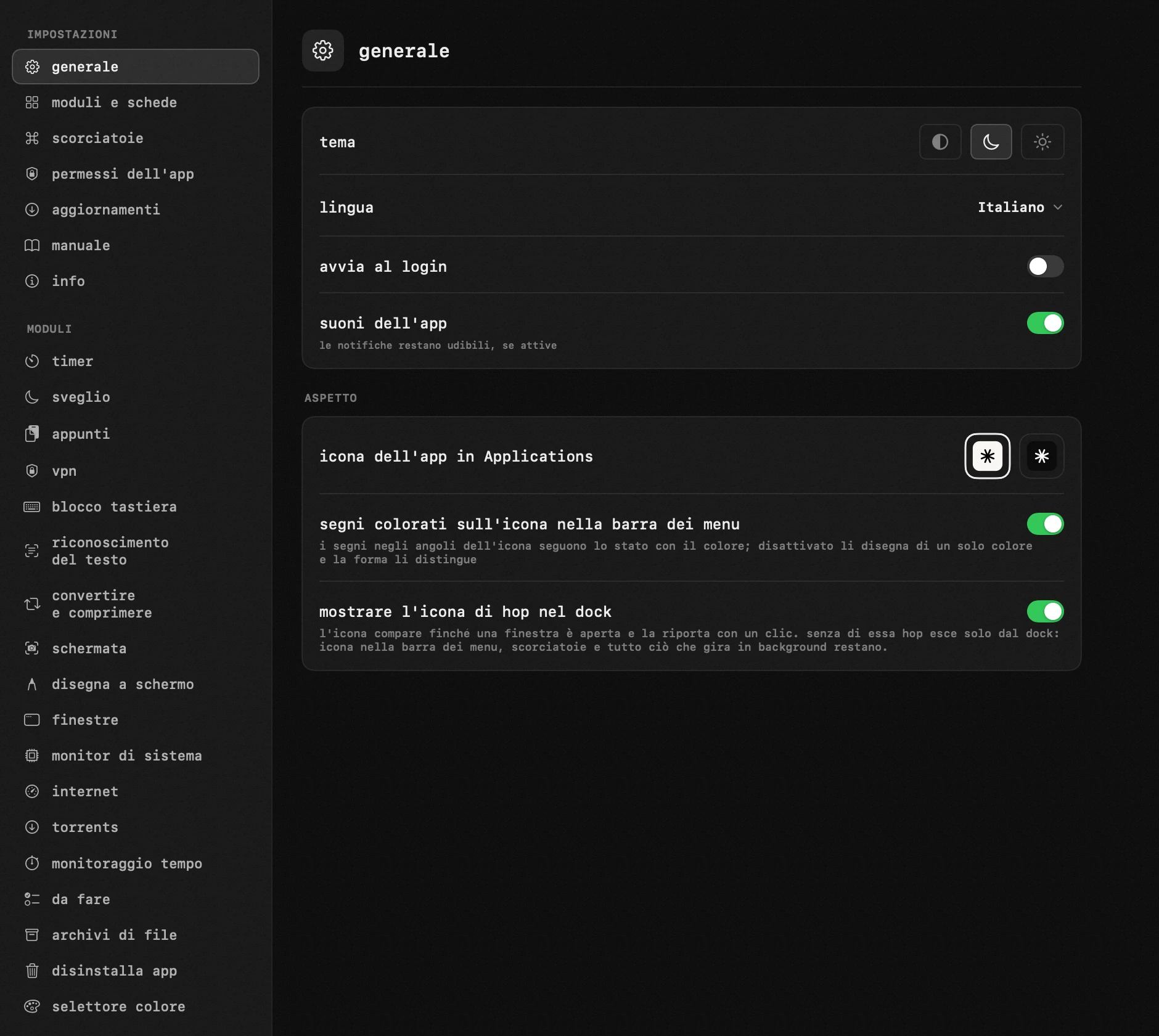 pannello di hop nella barra dei menu di macOS: lo configuri tu