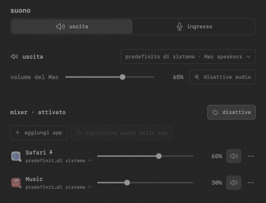 suono: uno dei venti strumenti di hop, tutti offline pannello di hop nella barra dei menu di macOS: suono