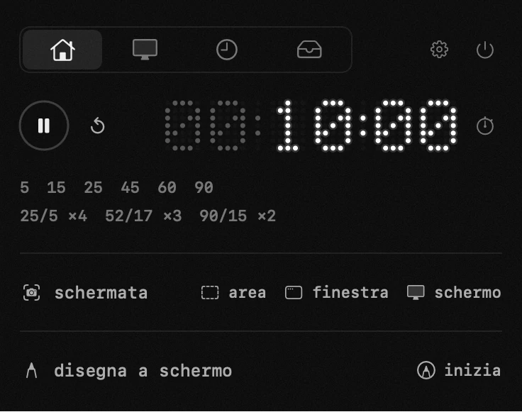 pannello di hop nella barra dei menu di macOS: timer e cicli