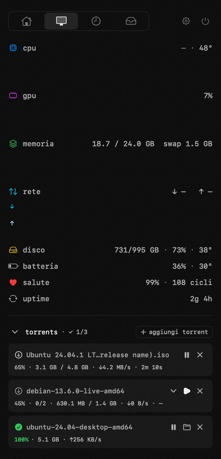 torrents: uno dei diciotto strumenti di hop, tutti offline pannello di hop nella barra dei menu di macOS: torrents