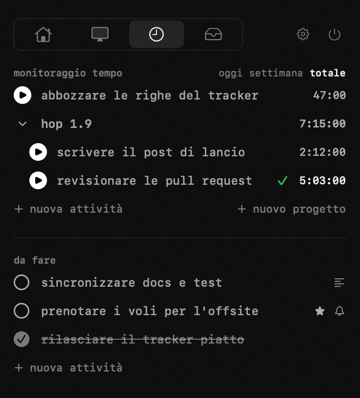 pannello di hop nella barra dei menu di macOS: monitoraggio del tempo e attività