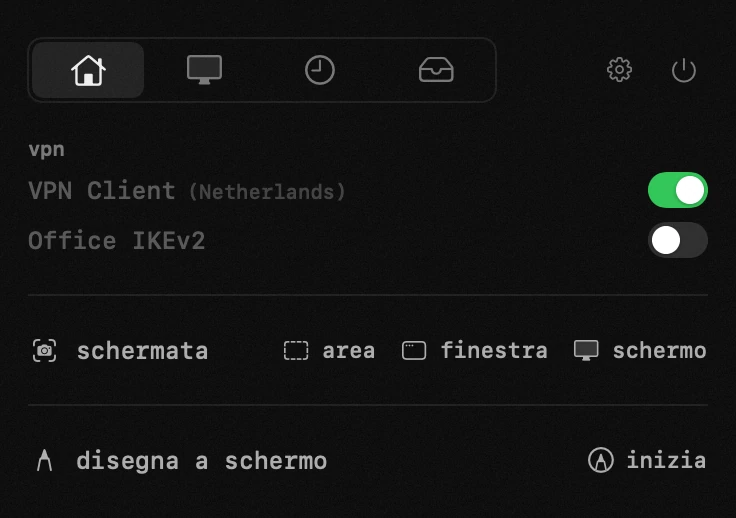 vpn: uno dei diciotto strumenti di hop, tutti offline pannello di hop nella barra dei menu di macOS: vpn