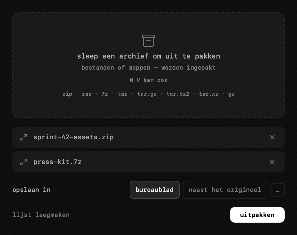 hop-paneel in de menubalk van macOS: bestandsarchieven