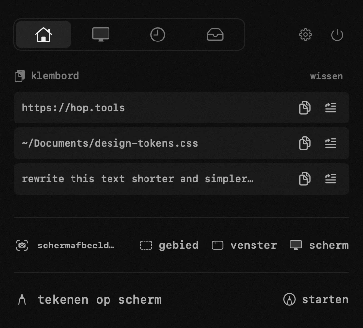 hop-paneel in de menubalk van macOS: klembordgeschiedenis