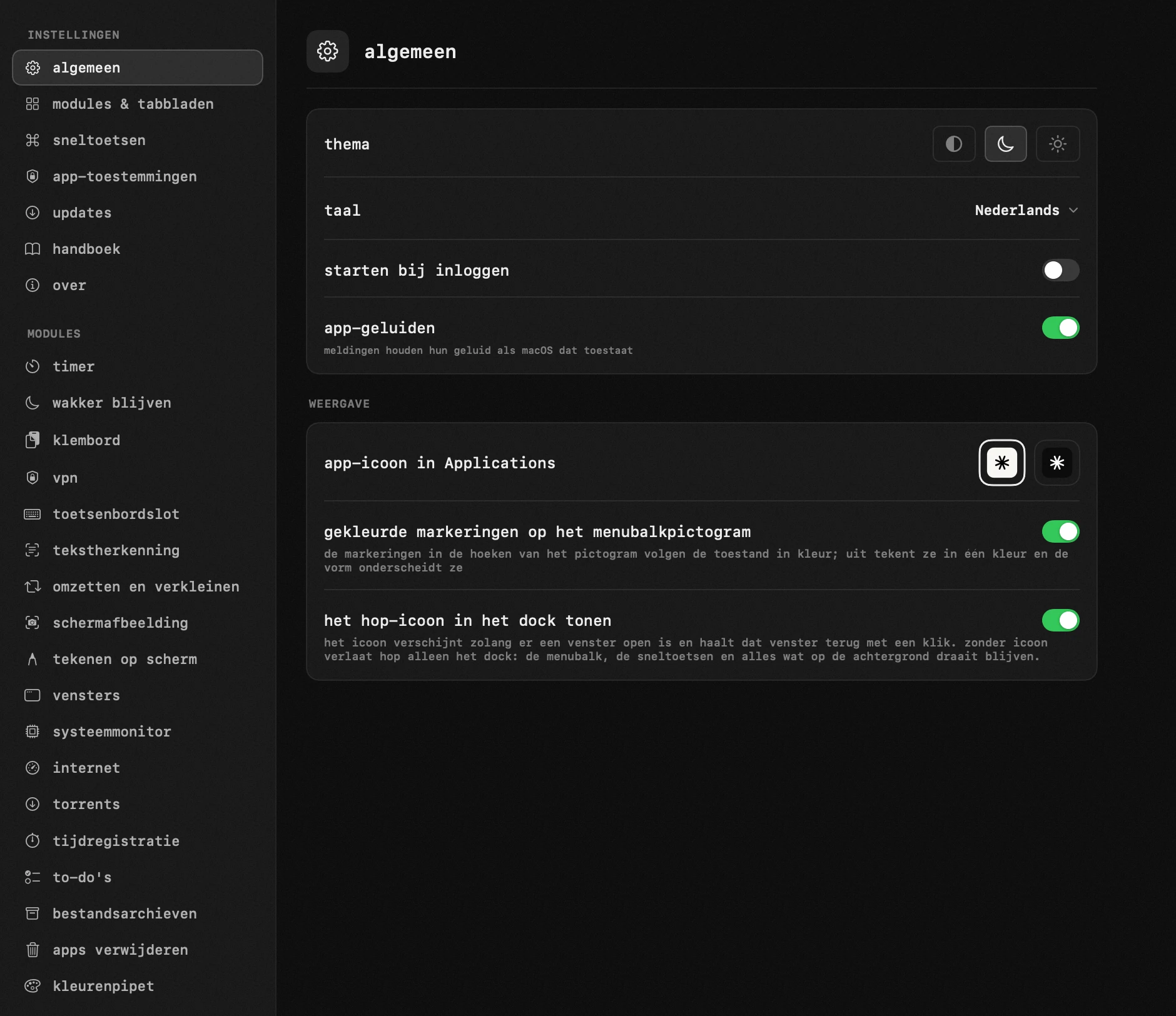 jij stelt het in: een van de achttien hulpmiddelen van hop, allemaal offline hop-paneel in de menubalk van macOS: jij stelt het in
