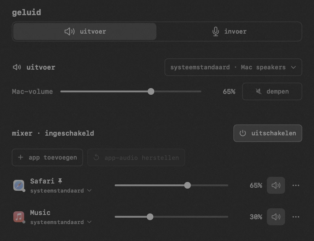 geluid: een van de twintig hulpmiddelen van hop, allemaal offline hop-paneel in de menubalk van macOS: geluid