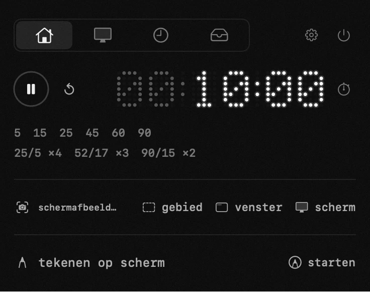 timer: een van de achttien hulpmiddelen van hop, allemaal offline hop-paneel in de menubalk van macOS: timer