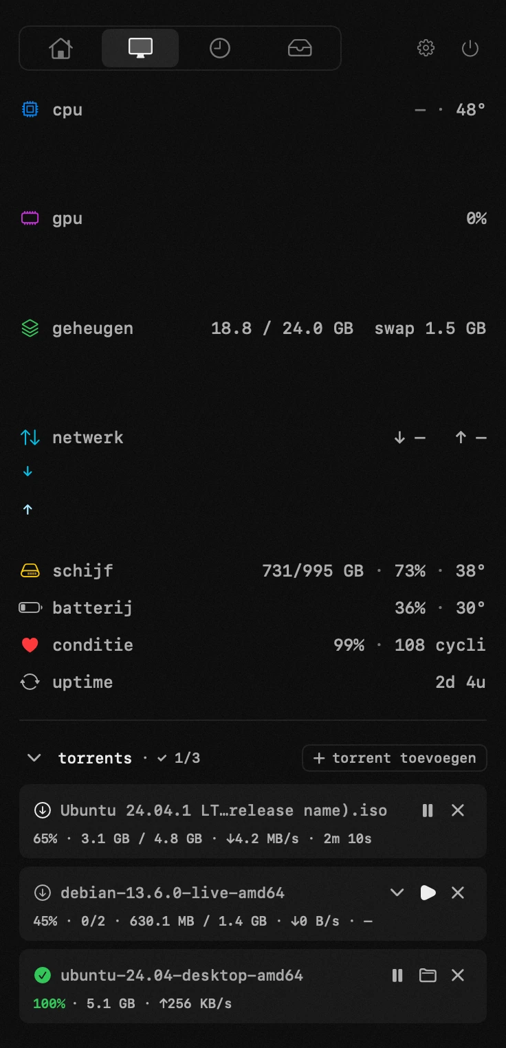 torrents: een van de achttien hulpmiddelen van hop, allemaal offline hop-paneel in de menubalk van macOS: torrents