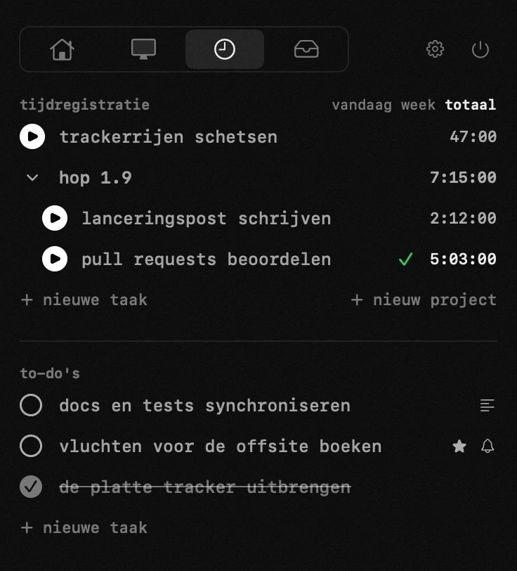 hop-paneel in de menubalk van macOS: tijdregistratie & taken